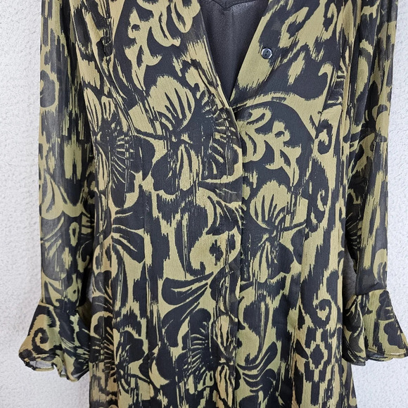 1. State Women's Green & Black Abstract Chiffon Lined Shirt Dress Sz XS - Picture 4 of 12